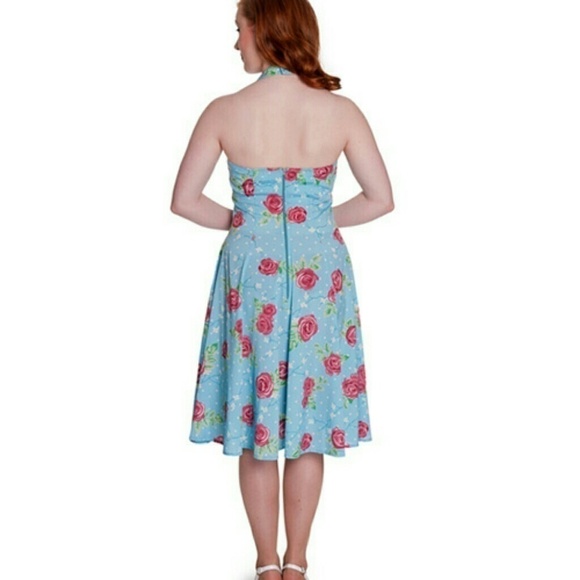 Blue and Pink Rose Floral Halter Dress by Hell Bunny - Size Medium - Hey Viv - Picture 2 of 6